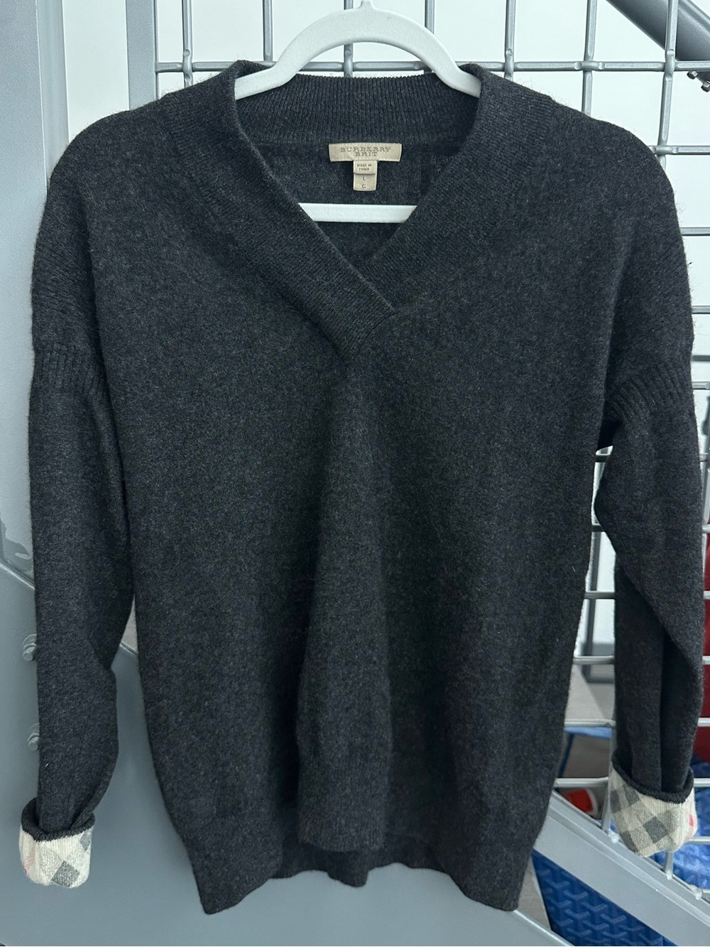 Burberry Women’s Cashmere V-Neck Long Sleeve Sweater w/ Burberry Print on Cuff